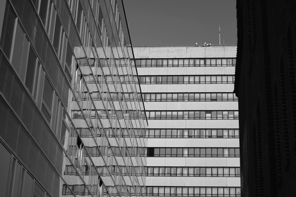 black and white buildings